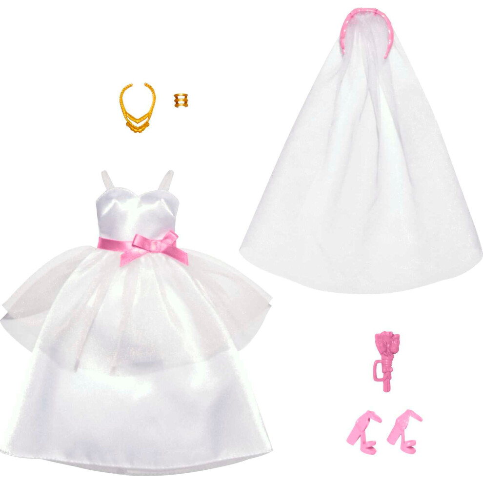 Barbie Clothes Set Fashion & Accessories Pack For Dolls Bridal Theme With Wedding Dress Veil Bouquet Shoes & Jewelry