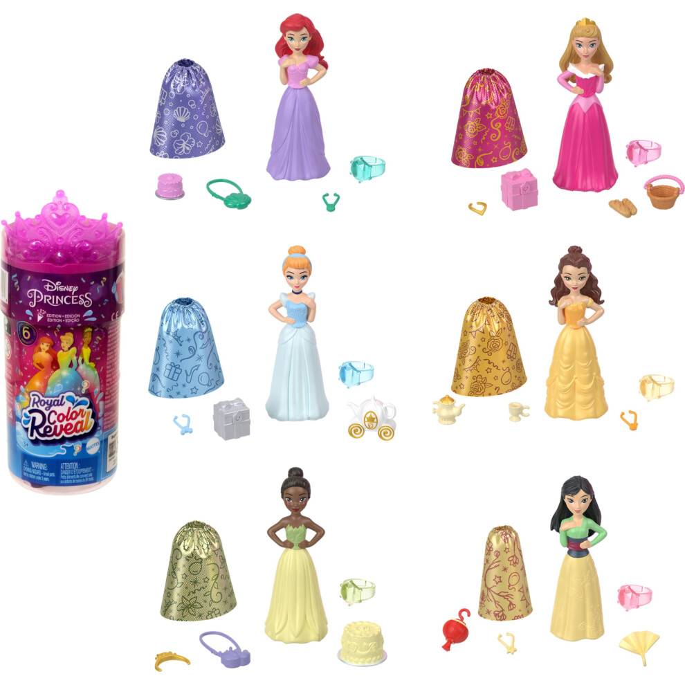 Disney Princess Toys, Royal Color Reveal Doll with 6 Unboxing Surprises, Party Series with Celebration Accessories, Only 1 character included, HMK83