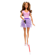 Barbie Fashionistas Puppe Nr. 228, Blindenpuppe mit rosa Oberteil und R?schenrock, Gehstock und Sonnenbrille in Zusammenarbeit mit der American F