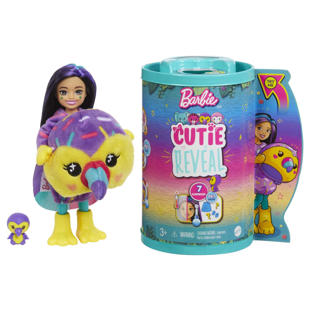 Barbie Small Dolls And Accessories, Cutie Reveal Chelsea Doll With Toucan Plush Costume & 7 Surprises Including Color Change, Jungle Series, Hkr16