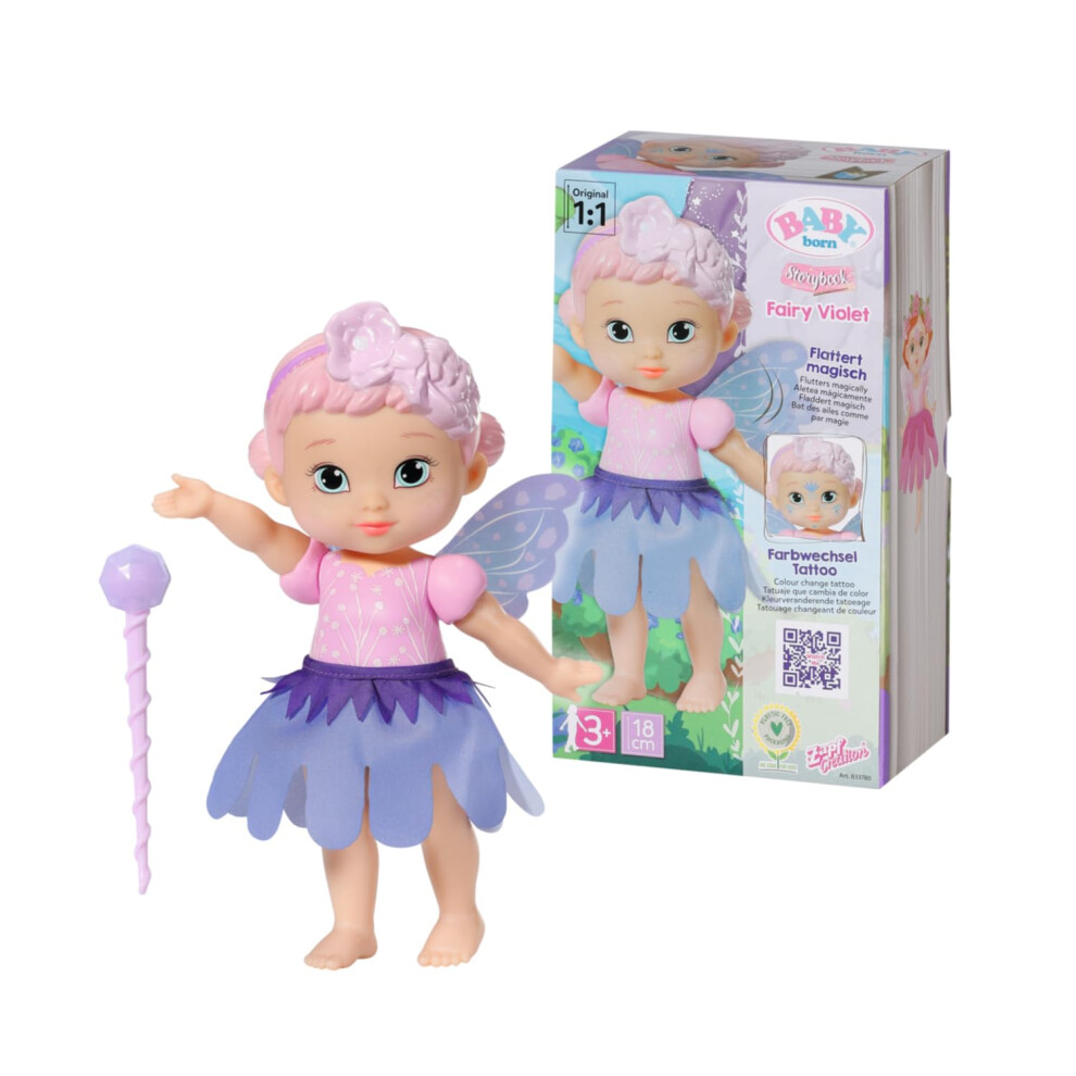 Storybook Fairy Violet - 18cm Fairy doll with fluttering wings - Includes Doll, Wand, Stand, Backdrop and Picture Booklet - Suitable for children aged