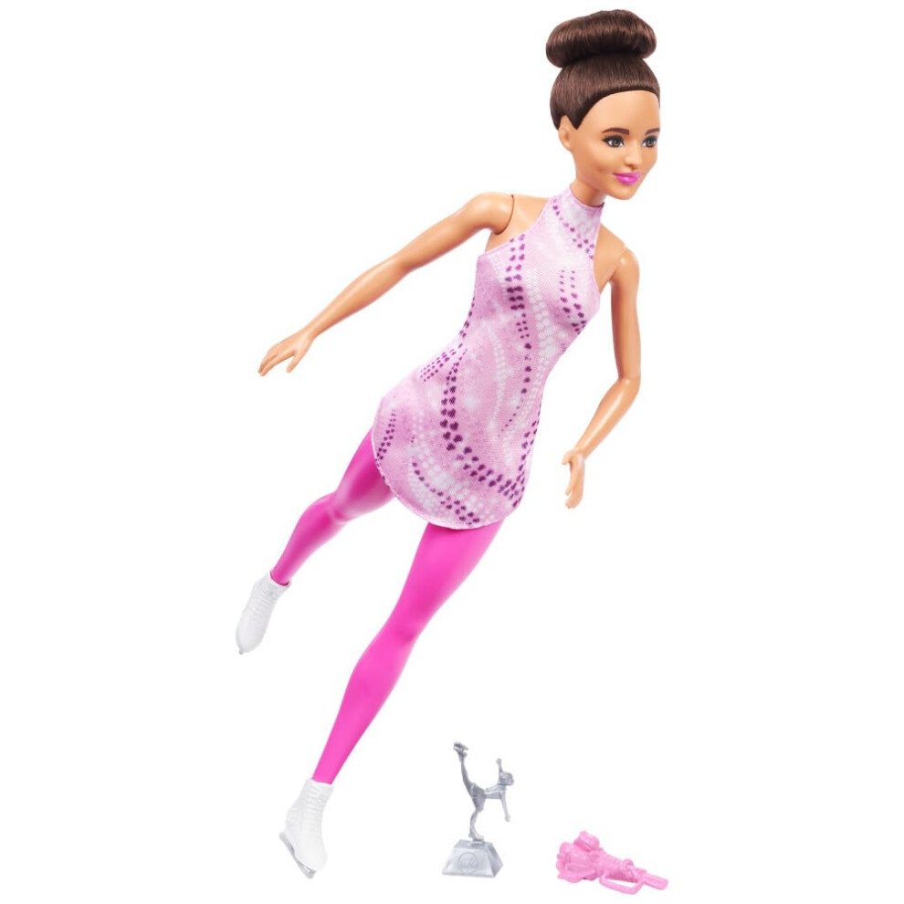 Barbie Careers Fashion Doll & Accessories, Brunette In Removable Pink Skate Outfit With Ice Skates & Trophy, Hrg37