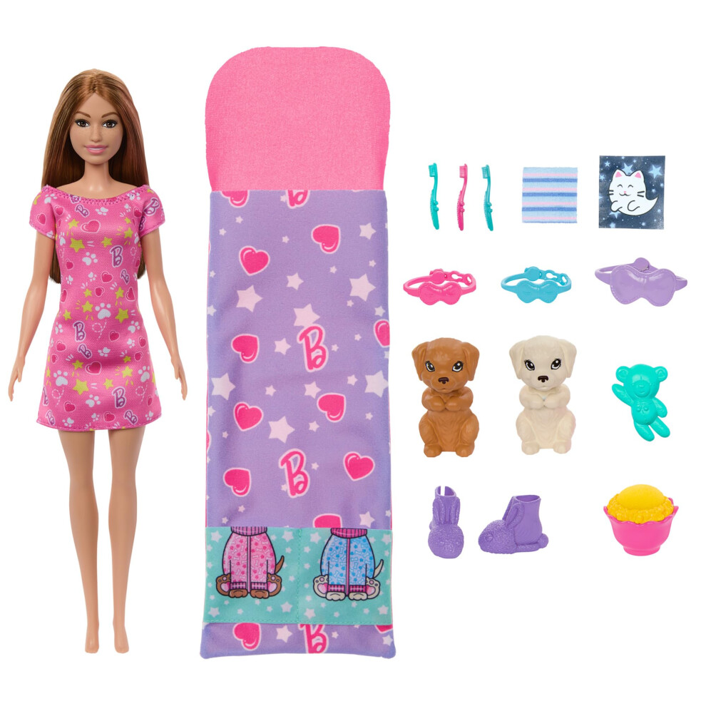 Doll & Playset with 2 Toy Dog Figures & 10+ Accessories, Puppy Slumber Party with Color-Change Feature, Sleeping Bag, Eye Masks & More, HXN01