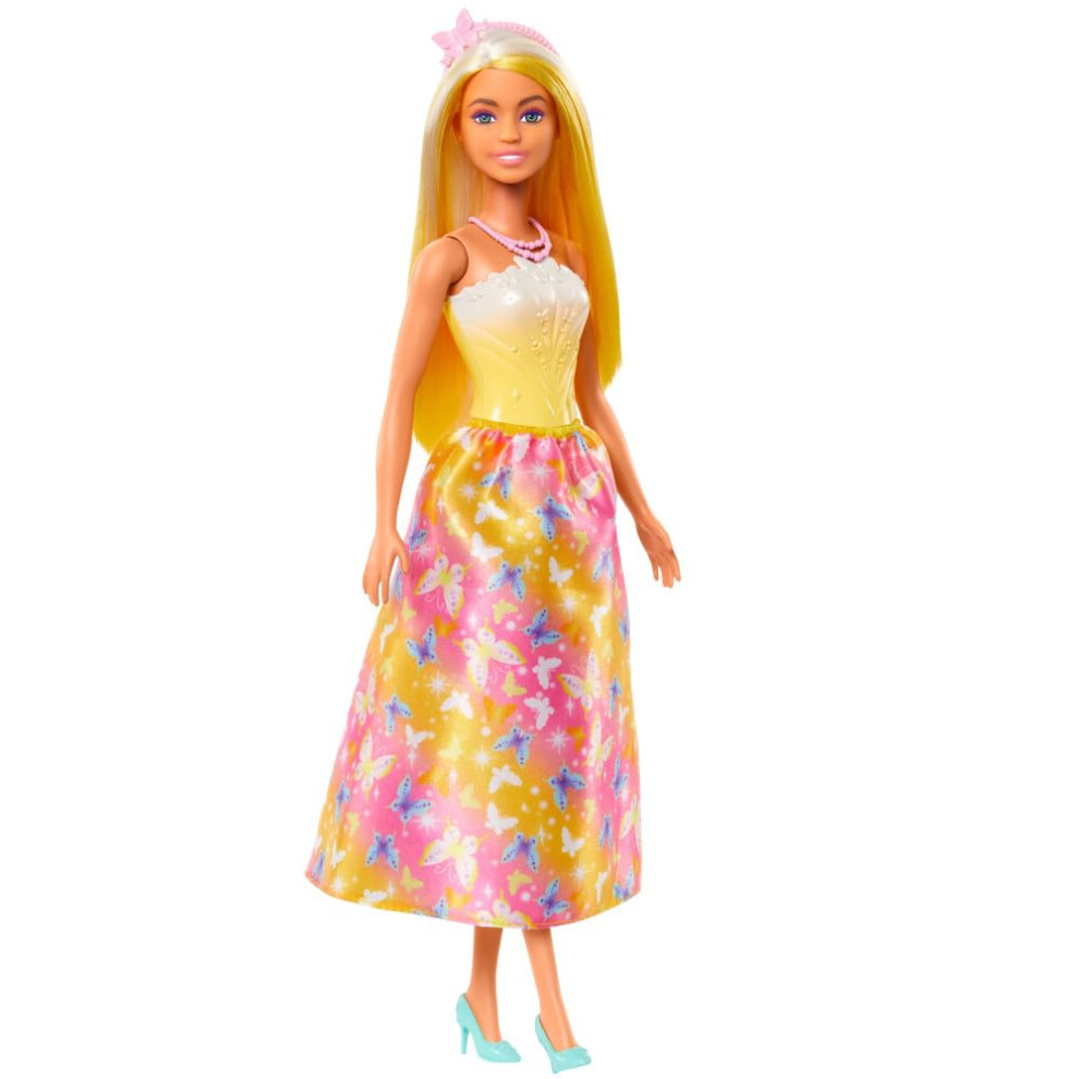 Royal Doll with Brightly Highlighted Fantasy Hair, Colorful Accessories, Yellow Ombre Bodice and Butterfly-Print Skirt, HRR09