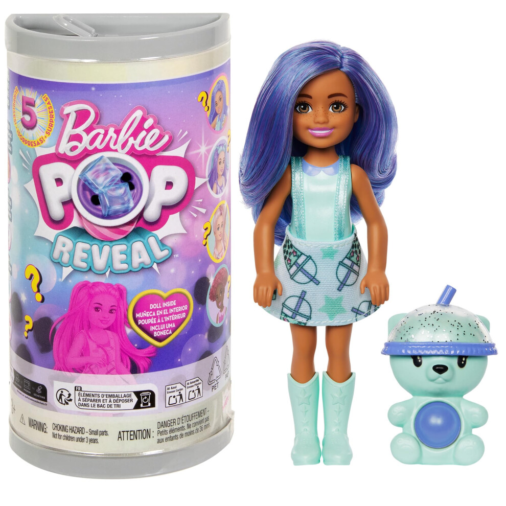 Chelsea Pop Reveal Bubble Tea Series Doll with Tea Can-Inspired Package & 5 Surprises Including Scented Small Doll & Pop-It Pet (Styles May Vary),