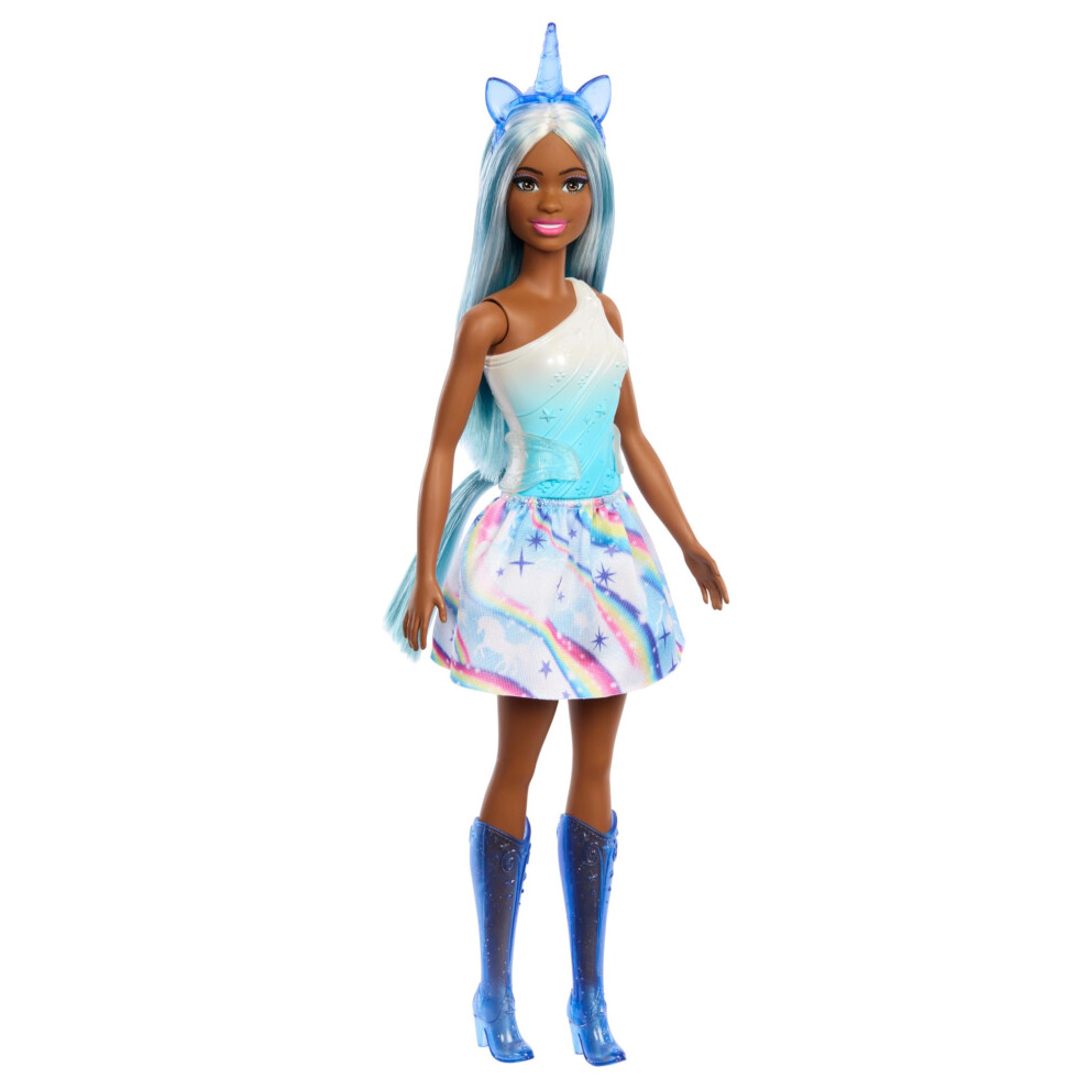 Unicorn Doll with Blue Fantasy Hair, Ombre Blue Outfit, and Unicorn-Themed Fantasy Accessories, HRR14