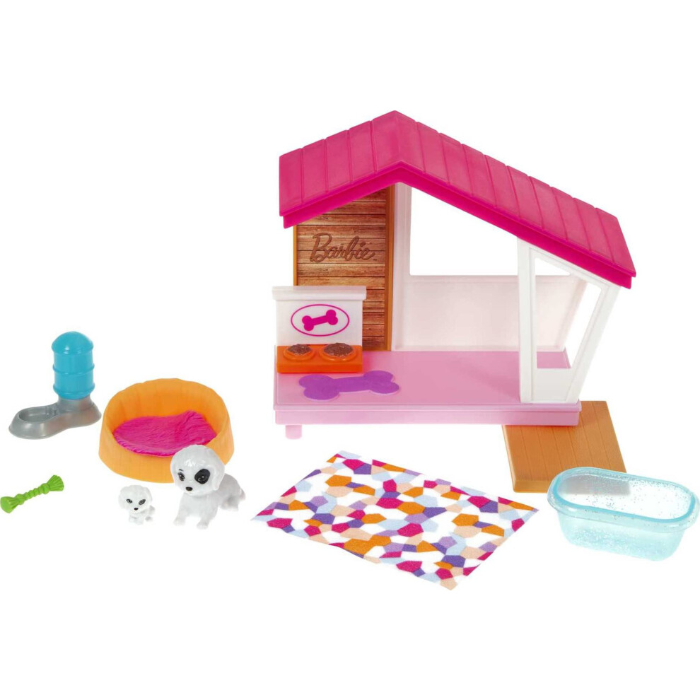 Dog Kennel Playset with Dogs and Accessories - Includes 2 Dog Figures, Kennel, Bed, Blanket, Bath, Water Bowl, and Chew Toy