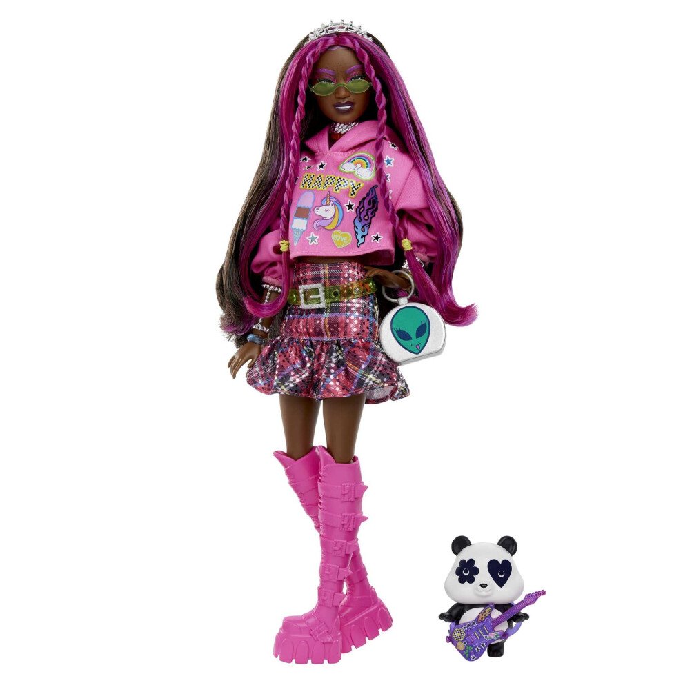 Doll with Pet Panda, Barbie Extra, Kids Toys, Clothes and Accessories, Pink-Streaked Brunette Hair, Graphic Hoodie and Plaid Skirt, HKP93