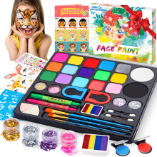 Face Paint Kit for Kids, 17 Colors Professional Face Painting Kit, Large Water Based Paints, Halloween Makeup Kit with Gem Sheet, Glitters, Stencils,
