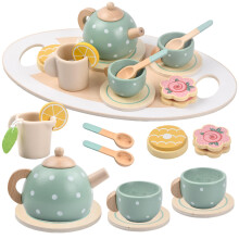 15PCS Wooden Tea Set for Toddlers, Pretend Play Tea Party Set, Children Tea Party Set with Play Food Dessert Tray Teapot Kitchen Accessories, Birthday