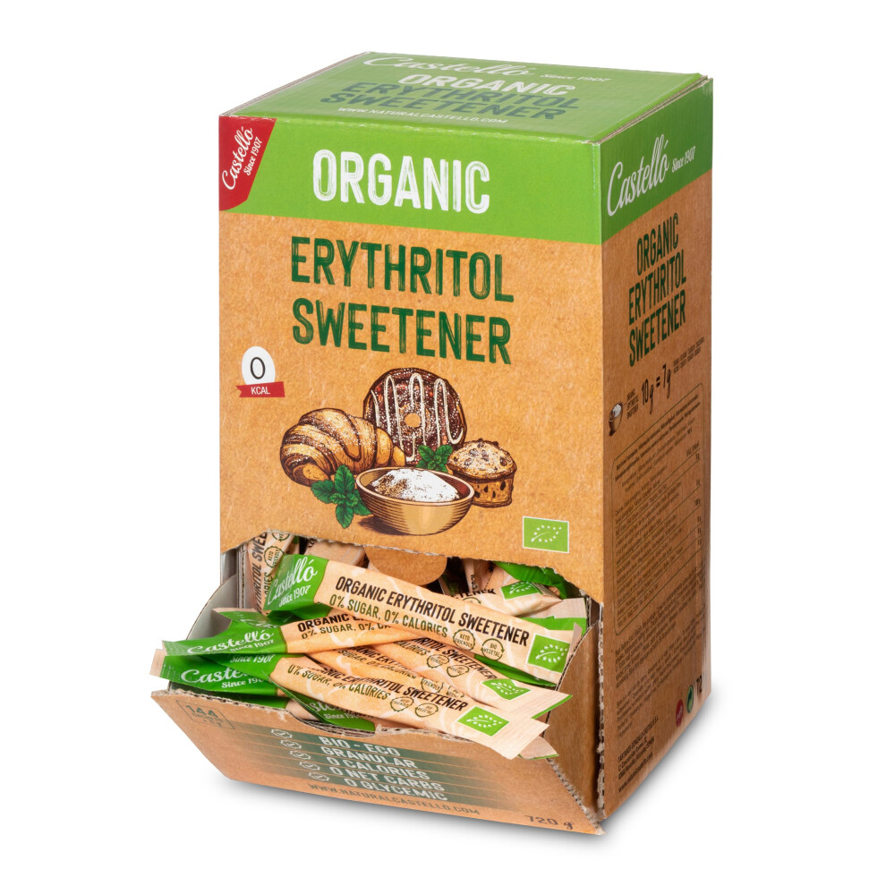 Castello Since 1907 Erythritol Sweetener Organic Bio Eco | 144 Sachets Of 5G | Sugar Substitute - Keto And Paleo Friendly - 0 Glycemic - 0 Calories - 0 Net Carbs - Made