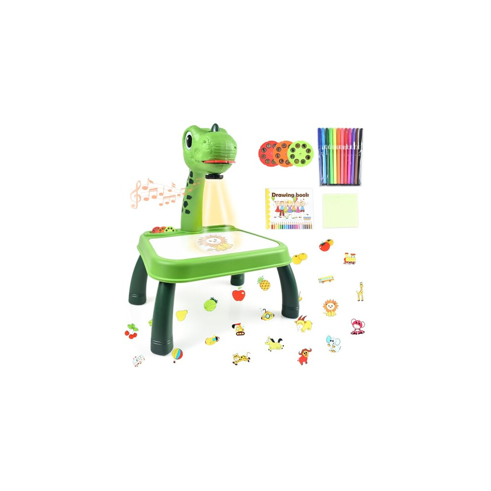 Innoocool Ym2201 Kids Drawing Projector Table - Light & Music Projection Board For Ages 3+, Includes Pens, Drawing Book, Erasable Board (Green) Green