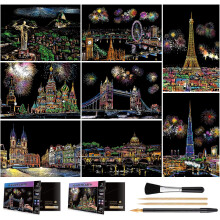 Scratch Art for Kids & Adults, Rainbow Engraving Painting Landscape Scratchboard(A4) Crafts Set: 8 Sheets 4 tools - Fireworks, Tower Bridge, Big Ben,