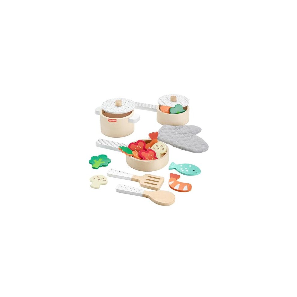 Kitchen Pretend Play Wooden Pots & Pans Set, 19 Wood Pieces for Preschool Kids Ages 3+ Years, HXT83