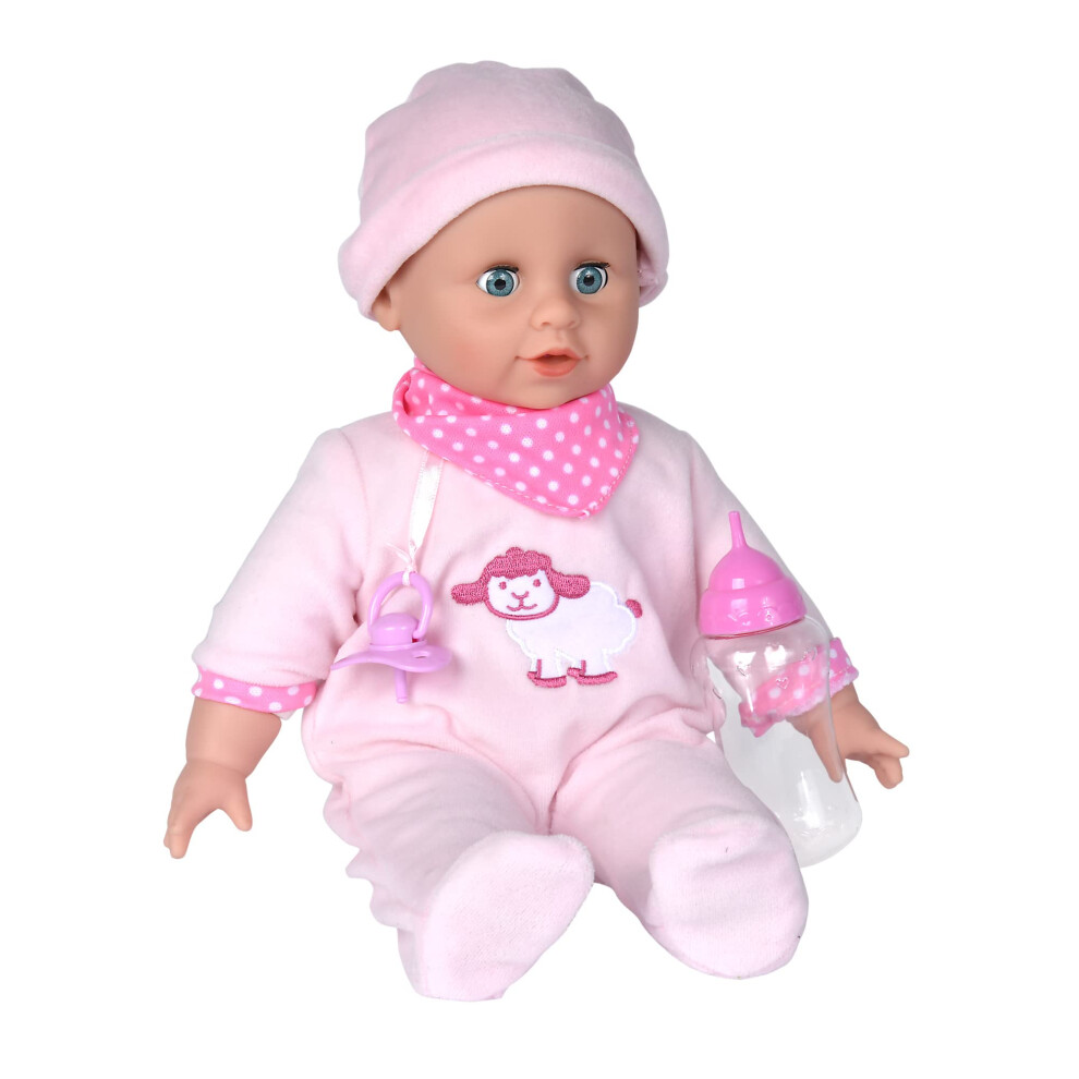 Laura Bottle Feeding 105140009 Soft Body Doll with Sleeping Eyes, Drinks from Bottle and Makes 24 Baby Sounds, Dummy and Bottle, 38 cm, Baby Doll from