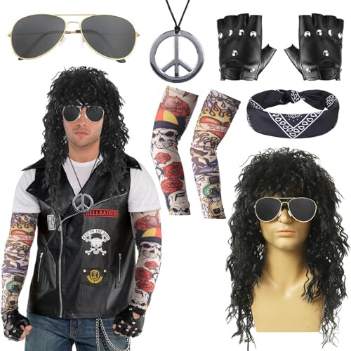 8 Pcs Rockstar Fancy Dress Glam 80s 90s Men Costume Outfit with Heavy Metal Wigs Vintage Headband Sunglasses Gloves Tattoo Sleeves Necklaces Rock on OnBuy