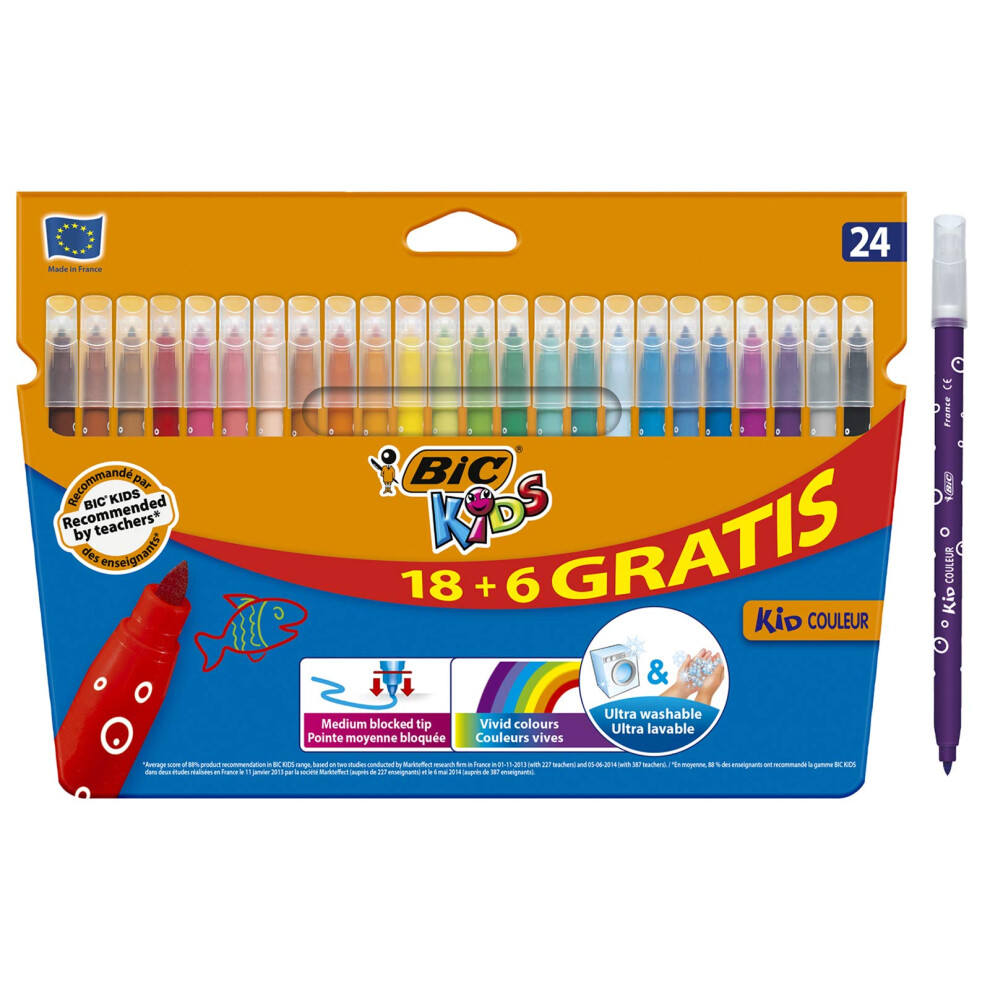 Kids Kid Couleur Felt Tip Colouring Pens - Cardboard Wallet of 24 Ultra-Washable Pens - Assorted Colours - Medium Point