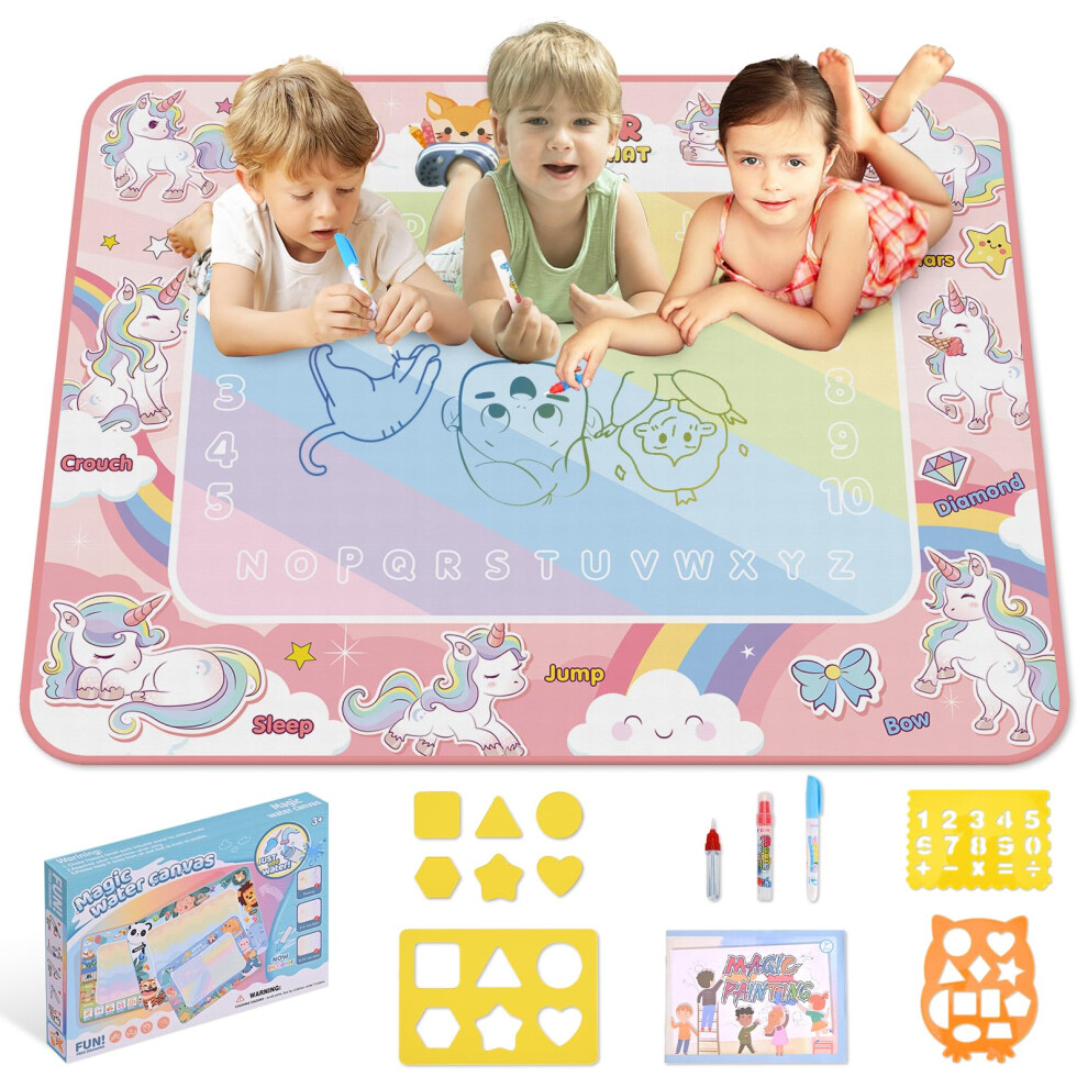 Water Doodle Mat Kids Toys 10080cm, Large Aqua Magic Doodle Water Mat with 3 Doodle Pens and 3 Drawing Templates, Reusable Water Drawing Mat for 4-6