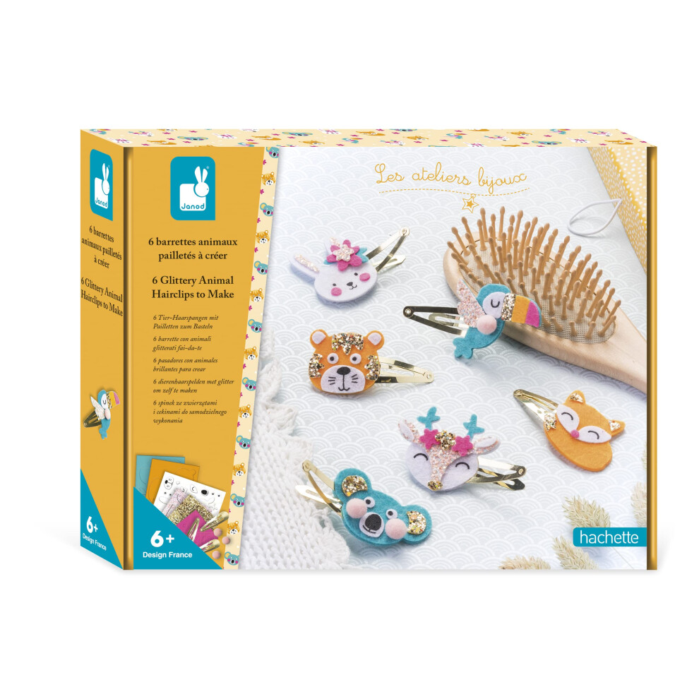 J07997 Janod-6-Piece Create-Your-Own Hair Clip Set-Sequinned Animals-Les Ateliers Bijoux-Children's Arts & Crafts Kit-Mastering Fine Motor Skills &