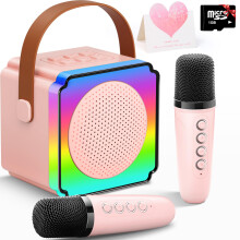 Karaoke Machine Toy for Kids with 2 Wireless Microphones, Gift Card, TF Card, LED Party Lights and Magical Voice Effects, Gifts for Adults, Girls and