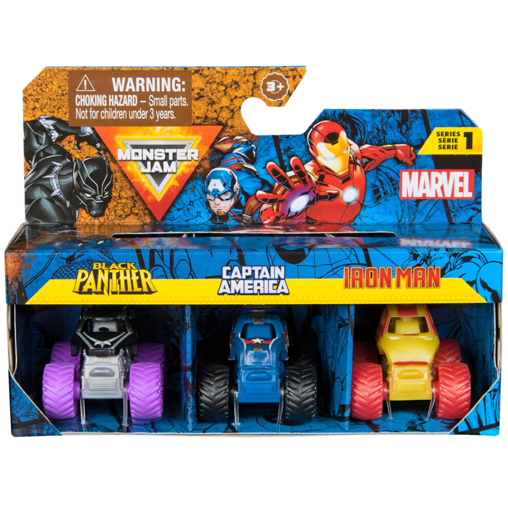 Monster Jam, Marvel Mini Monster Truck 3-Pack, Black Panther, Captain America, Iron Man Die-Cast Monster Trucks, 1:87 Scale, Kids' Toys for Boys