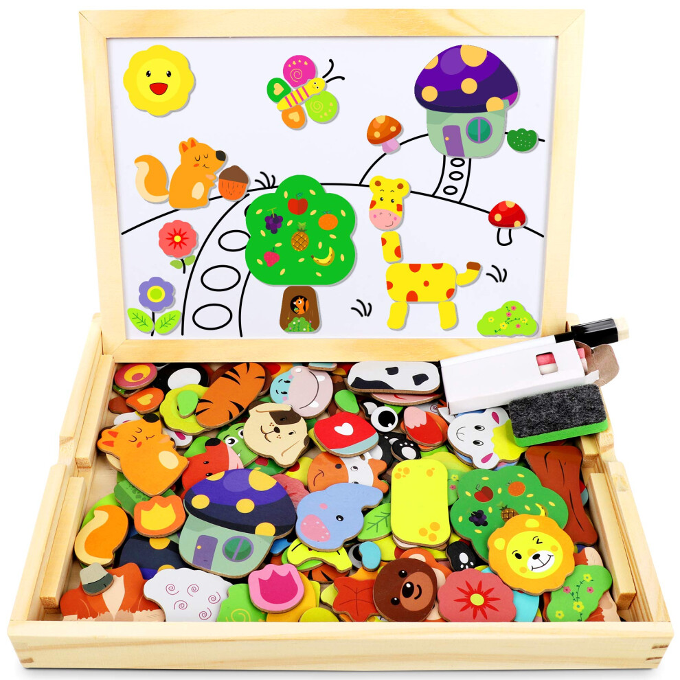 Wooden Magnetic Puzzle - 110 PCS Magnetic Puzzle Board, Animal Pattern Games Double Sided Jigsaw, Educational Drawing Easel Blackboard Wood Toys for