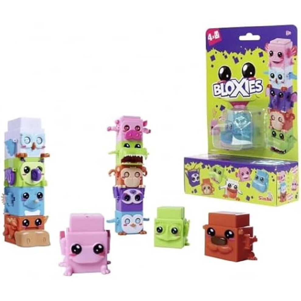 BLOXIES 4 Pack Blind Collectible - Stackable, collectable Mini Animal Friends, building blocks with moving feature, cute animal designs, fidget toy,