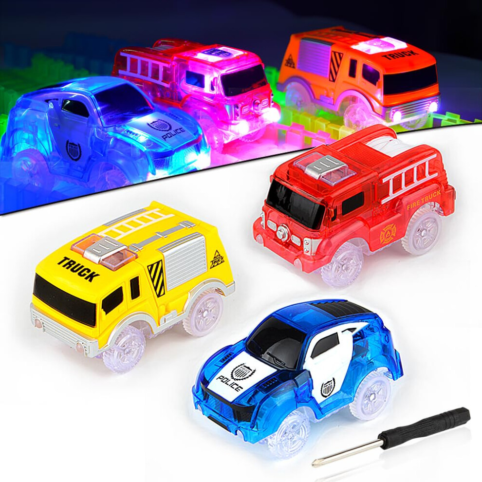 Glow Tracks Cars Only, 3 Pack Light-up Race Flexible Cars with 5 LED Lights (Blue Police Car, Red Fire Engine Car, Yellow Truck), Slot Car Track Toy,