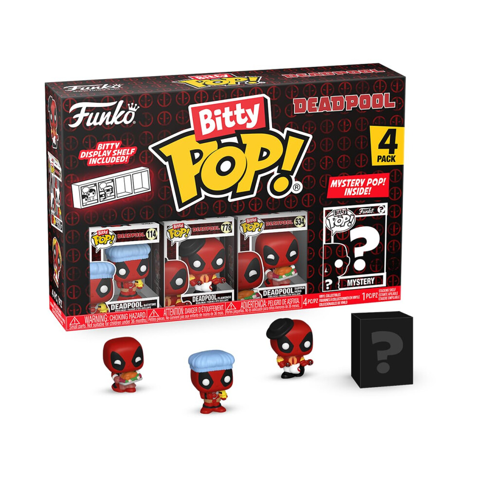 Bitty Pop! Deadpool (Bathtime), Bitty Pop! Deadpool (Flamenco), Bitty Pop! Deadpool (Supper Hero), and a mystery Bitty Pop! figure - 0.9 Inch (2.2 Cm)