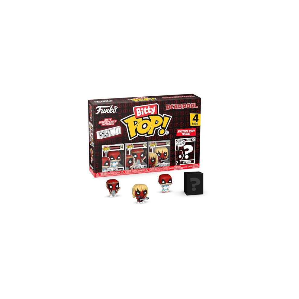 Bitty Pop! Deadpool (Sleepover), Deadpool (Larp), Deadpool (Heavy Metal), and a mystery Bitty Pop! figure- 0.9 Inch (2.2 Cm) Collectable - Stackable