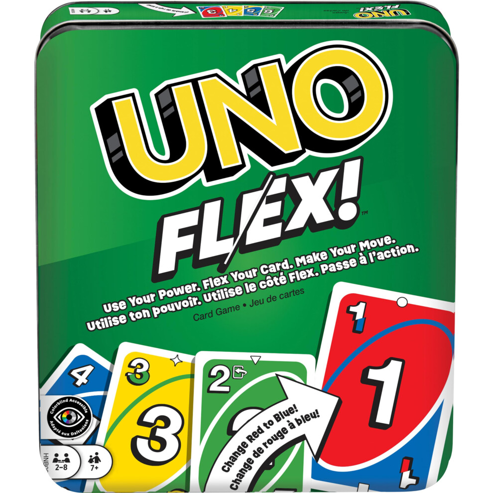 UNO Flex Card Game for Family Night Where Cards Change Color When Flexed in Collectible Tin Box