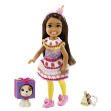 Barbie Club Chelsea Verkledpop (15 cm Brunette) in Taartkostuum met Huisdier en Accessoires