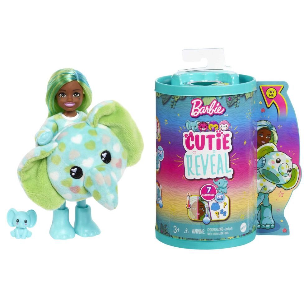 Barbie Small Dolls And Accessories, Cutie Reveal Chelsea Doll With Elephant Plush Costume & 7 Surprises Including Color Change, Jungle Series