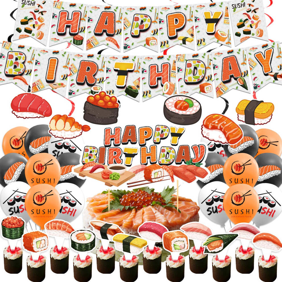 Lfcfdx Sushi Party Decorations Japanese Birthday Party Supplies Includes Sushi Happy Birthday Banner Cake Topper Cupcake Toppers Balloons For Sushi Themed