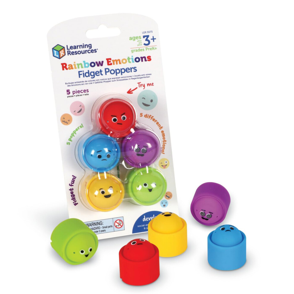 Rainbow Emotion Fidget Poppers, 5 Pieces, Ages 3+, Sensory Toys, Social-Emotional Learning, Sensory Toys for Toddlers, SEL Skills, Fine Motor Skills