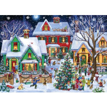 Vianocné puzzle Neighborhood, 1000 dielikov od spolocnosti Vermont Christmas Company - plne prepojené a náhodne tvarované dieliky - 26 5/8" x 19