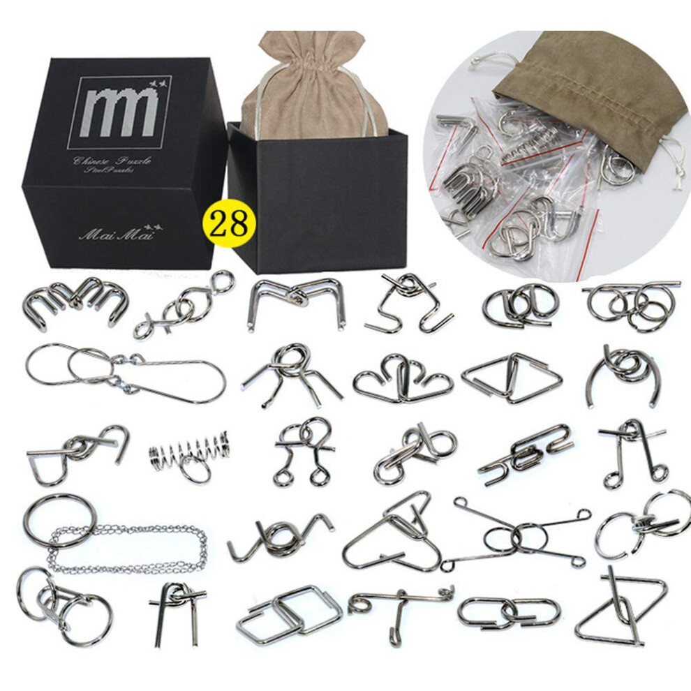 28pcs Mini Brain Teasers Metal Wire Puzzle Set IQ Test Mind Game Logic Educational Intelligence Toy for Adults and Kids