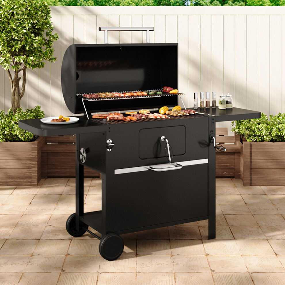 Two-Tier Charcoal Grill with Side Racks and Built-in Thermometer