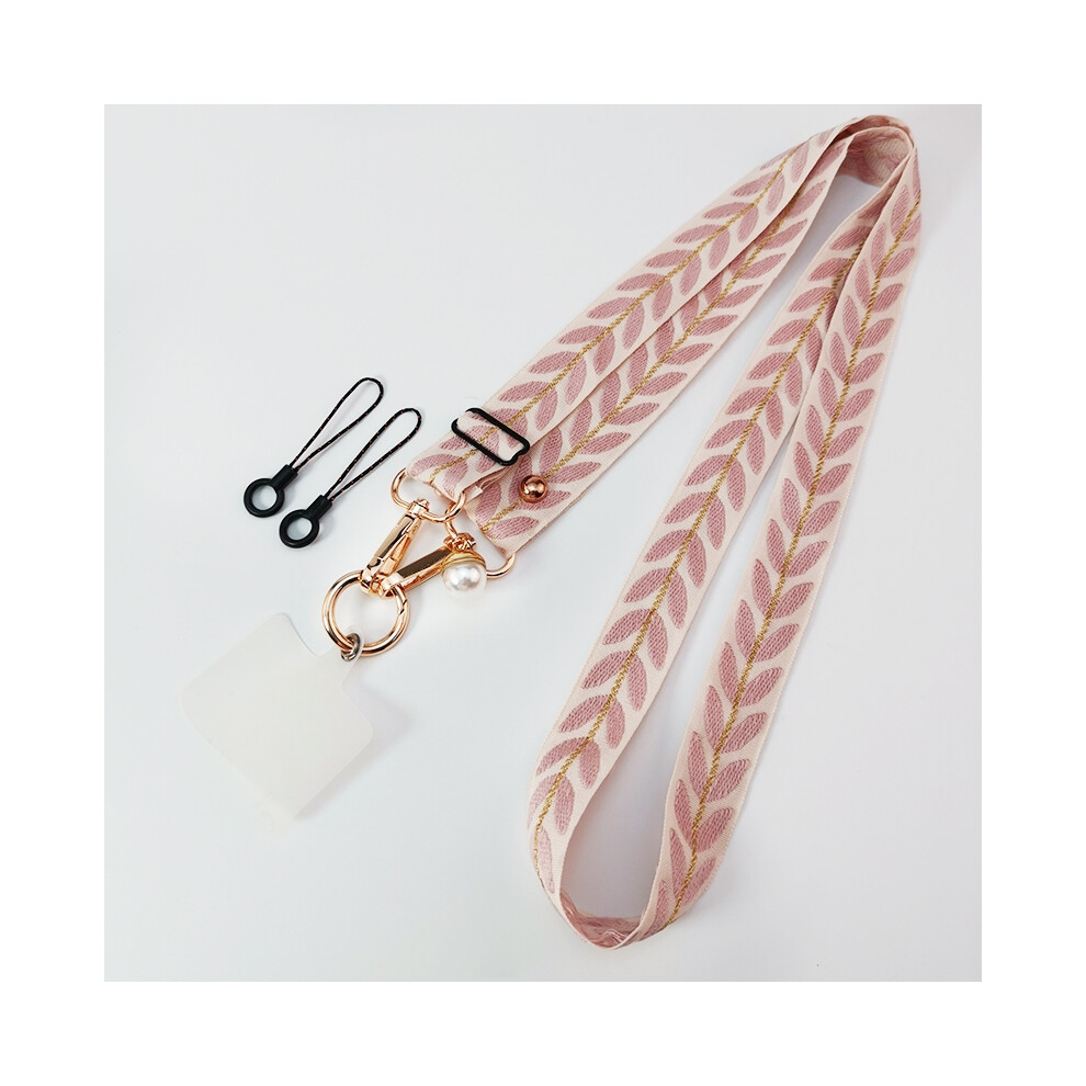 (Pink) Adjustable Crossbody Long Mobile Phone Lanyard Wide Cloth Neckband Strap Rope Women's Pearl Hanging Ornaments Anti-Lost Lanyard Pink 6956047684755