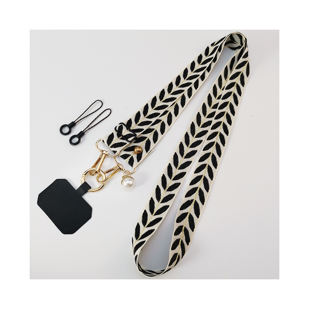 (Black) Adjustable Crossbody Long Mobile Phone Lanyard Wide Cloth Neckband Strap Rope Women's Pearl Hanging Ornaments Anti-Lost Lanyard Black 6956047684724