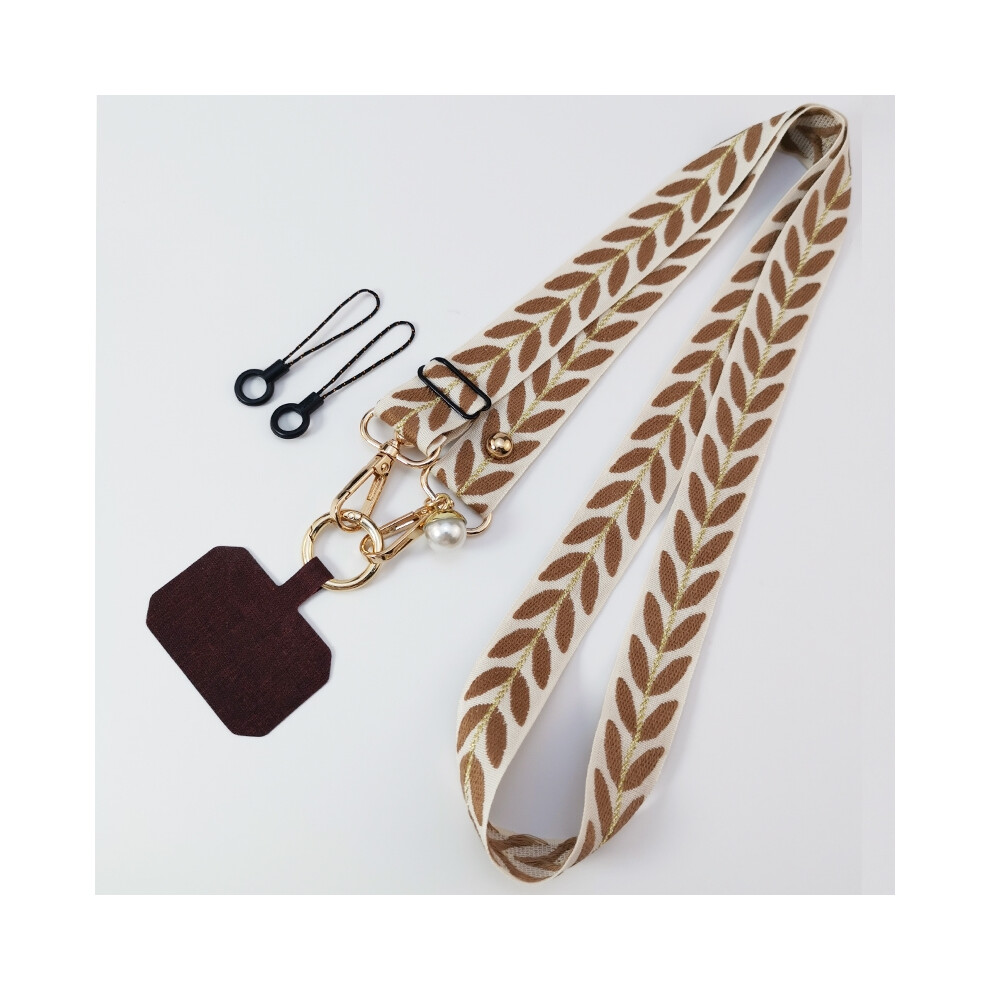 (Brown) Adjustable Crossbody Long Mobile Phone Lanyard Wide Cloth Neckband Strap Rope Women's Pearl Hanging Ornaments Anti-Lost Lanyard Brown 6956047684731