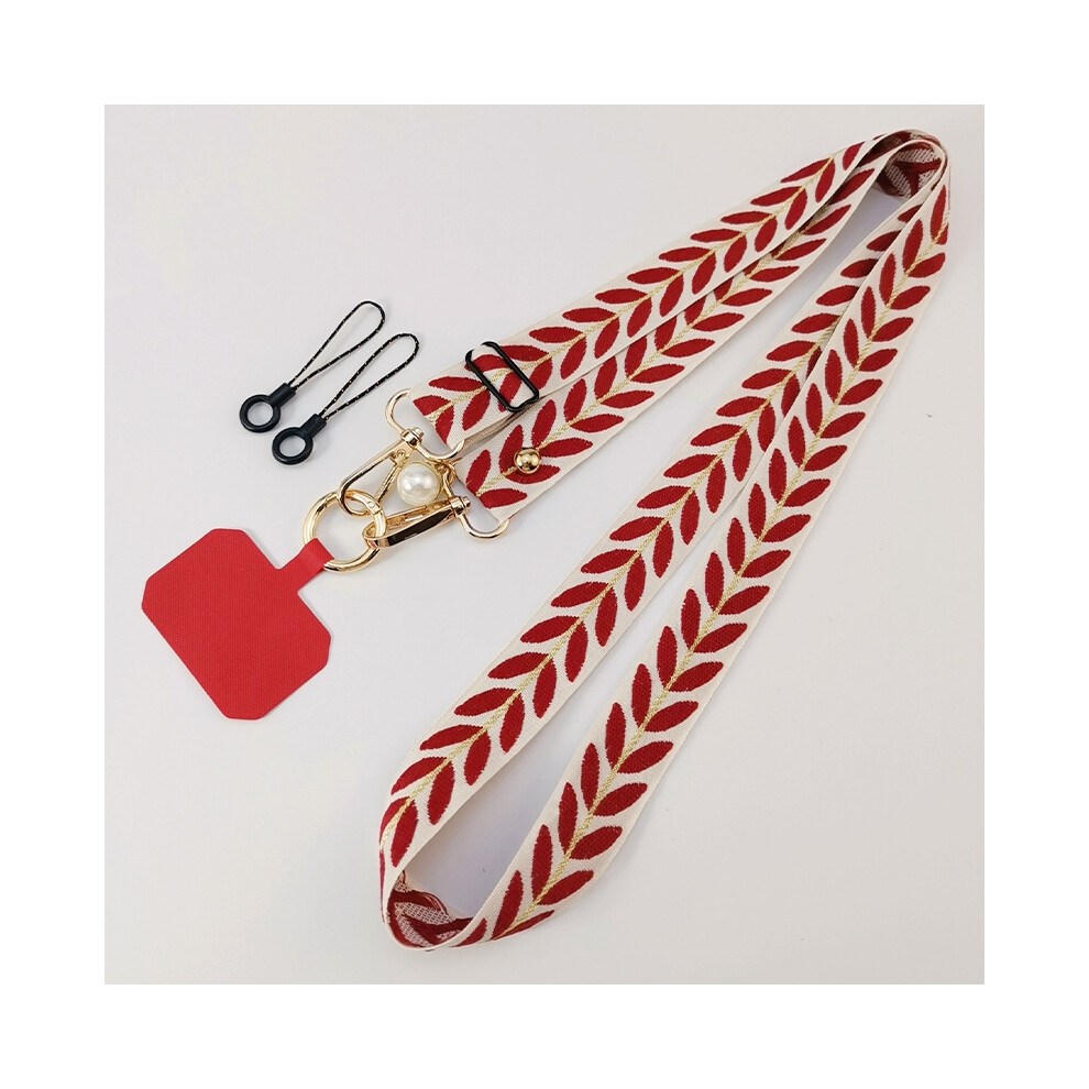 (Red) Adjustable Crossbody Long Mobile Phone Lanyard Wide Cloth Neckband Strap Rope Women's Pearl Hanging Ornaments Anti-Lost Lanyard Red 6956047684762