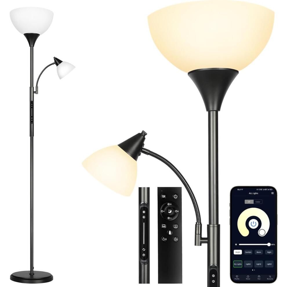 (2 Light) Dimmable Floor Lamp with Touch Control, Remote and App Control, Uplighter Mother and Child Floor Lamp with Reading Light, 1 Hour Timer
