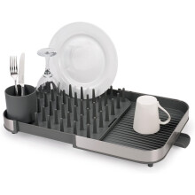 Joseph Joseph Duo Expanding Dish Drainer Rack with Removable Cutlery Holder, Draining Spout, Stainless-steel/Grey