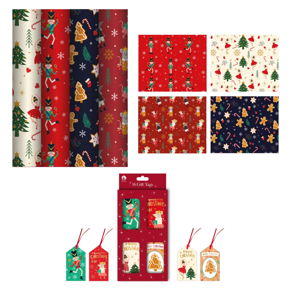 4x 4M Nutcracker Christmas Wrapping Paper Ballerina Gift Wrap 16 Tags
