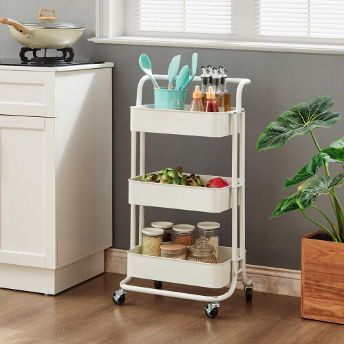 House of Home (White) 3-Tier Storage Trolley Cart with Wheel