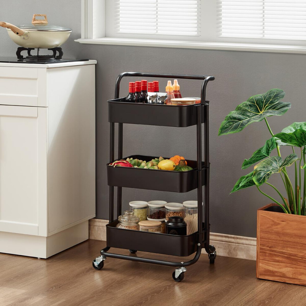 (Black) 3-Tier Storage Trolley Cart with Wheel