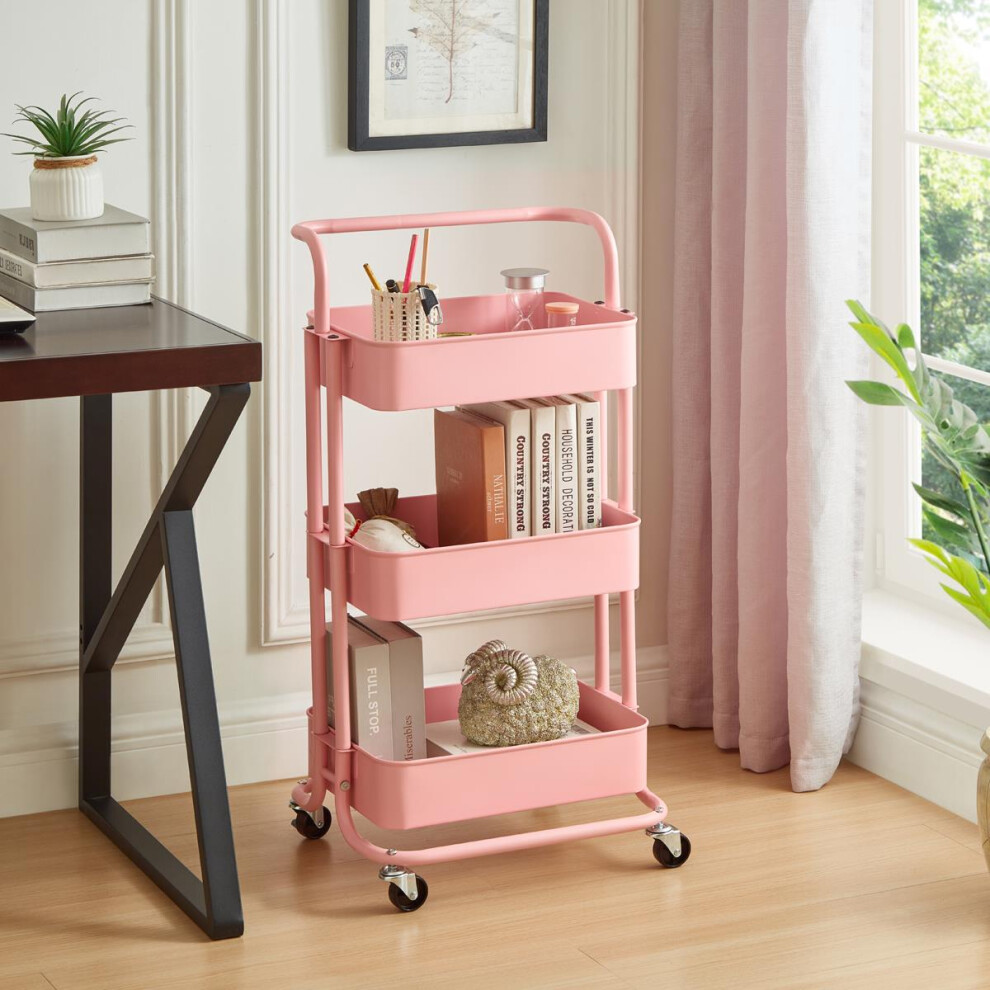 (Pink) 3-Tier Storage Trolley Cart with Wheel