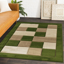 (GREEN / BROWN, 60 cm x  120 cm) Geometric checks living room rug Beige Grey Mat
