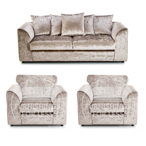 (Mink, 3 Seater + 2 x Armchair) Crystal Crushed Velvet Scatter Back Sofa Sets